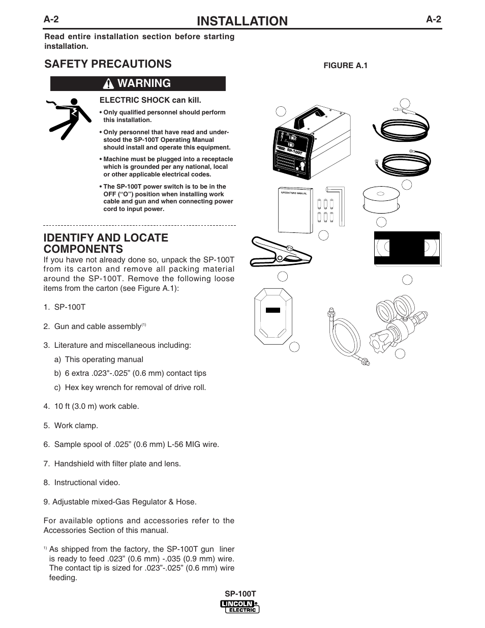 Installation, Safety precautions identify and locate components, Warning | Lincoln Electric IM564 SP-100T User Manual | Page 9 / 48