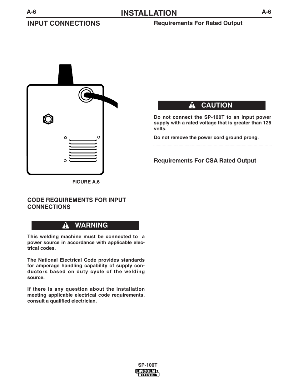 Installation, Input connections, Warning caution | Lincoln Electric IM811 SP-100T User Manual | Page 13 / 35