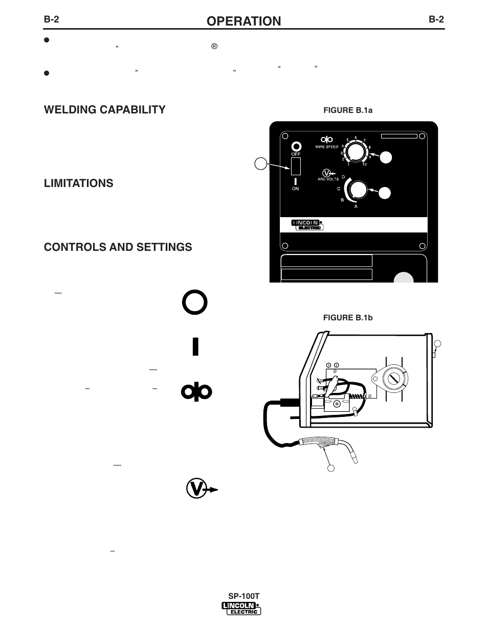 Operation, Sp-100t, Off on arc volts wire speed | Welding capability, Limitations, Controls and settings | Lincoln Electric IM811 SP-100T User Manual | Page 15 / 35