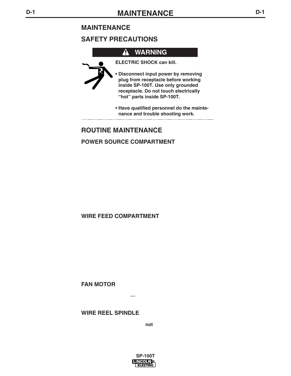 Maintenance, Maintenance safety precautions, Routine maintenance | Warning | Lincoln Electric IM811 SP-100T User Manual | Page 23 / 35