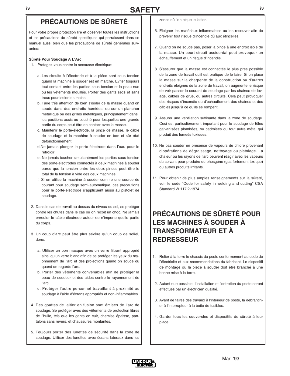 Safety, Précautions de sûreté | Lincoln Electric IM811 SP-100T User Manual | Page 5 / 35