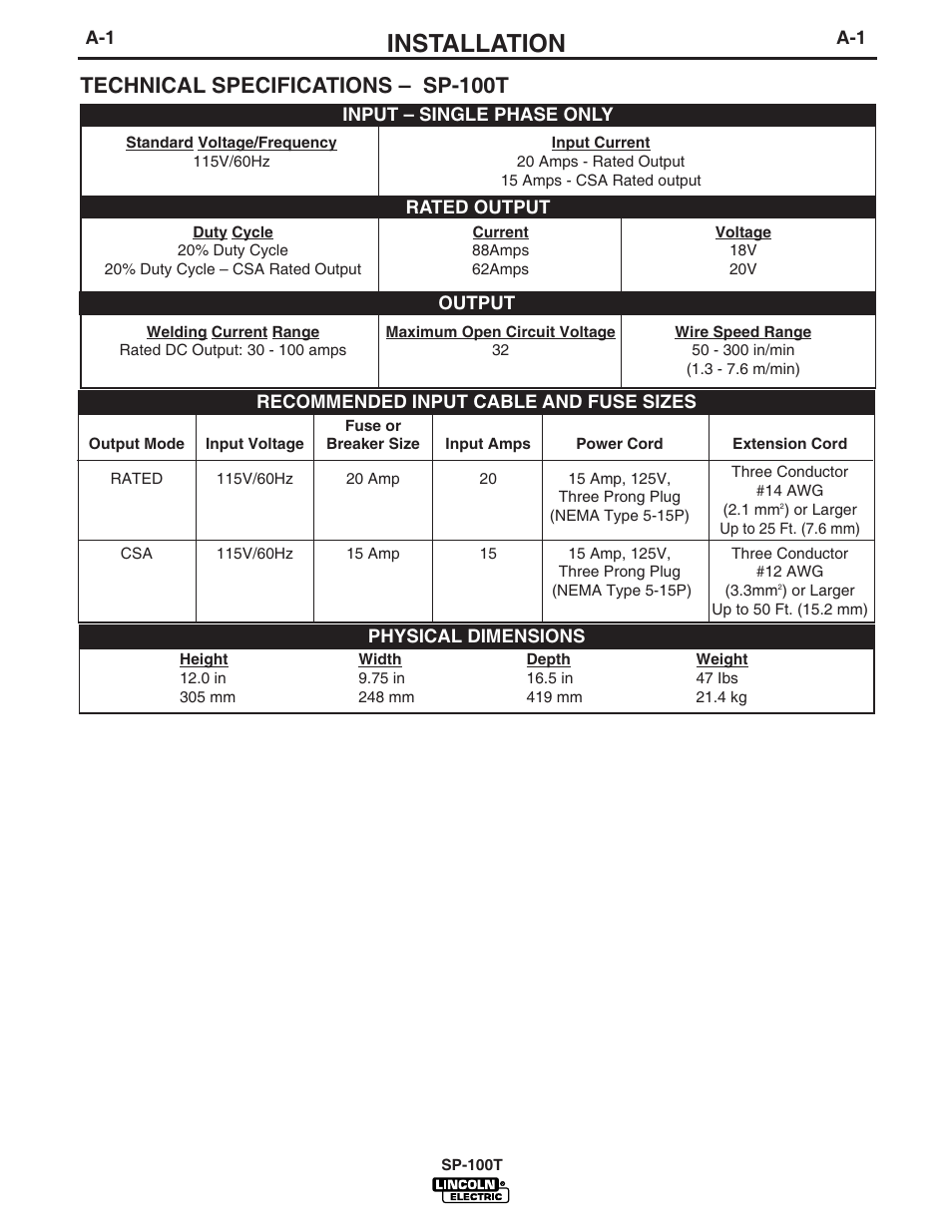 Installation, Technical specifications – sp-100t | Lincoln Electric IM811 SP-100T User Manual | Page 8 / 35