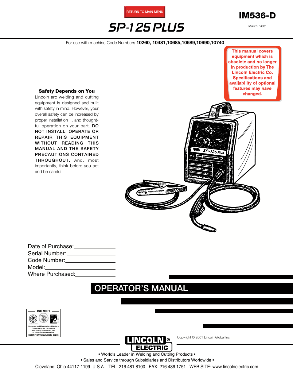 Lincoln Electric IM536 SP-125 Plus User Manual | 51 pages