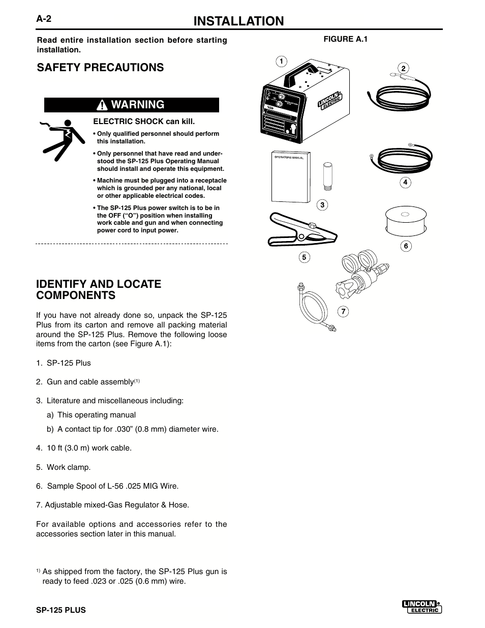 Installation, Safety precautions identify and locate components, Warning | Figure a.1 | Lincoln Electric IM536 SP-125 Plus User Manual | Page 10 / 51