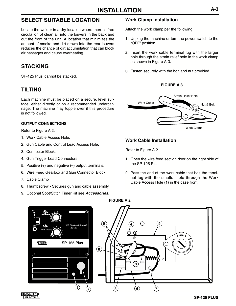 Installation, Select suitable location, Stacking | Tilting | Lincoln Electric IM536 SP-125 Plus User Manual | Page 11 / 51