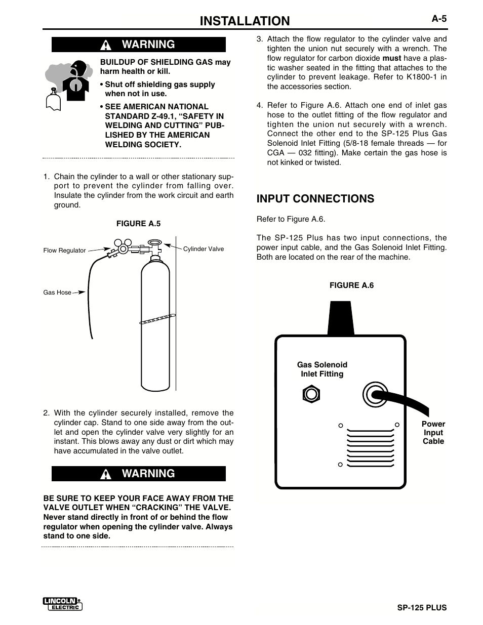 Installation, Input connections, Warning | Lincoln Electric IM536 SP-125 Plus User Manual | Page 13 / 51