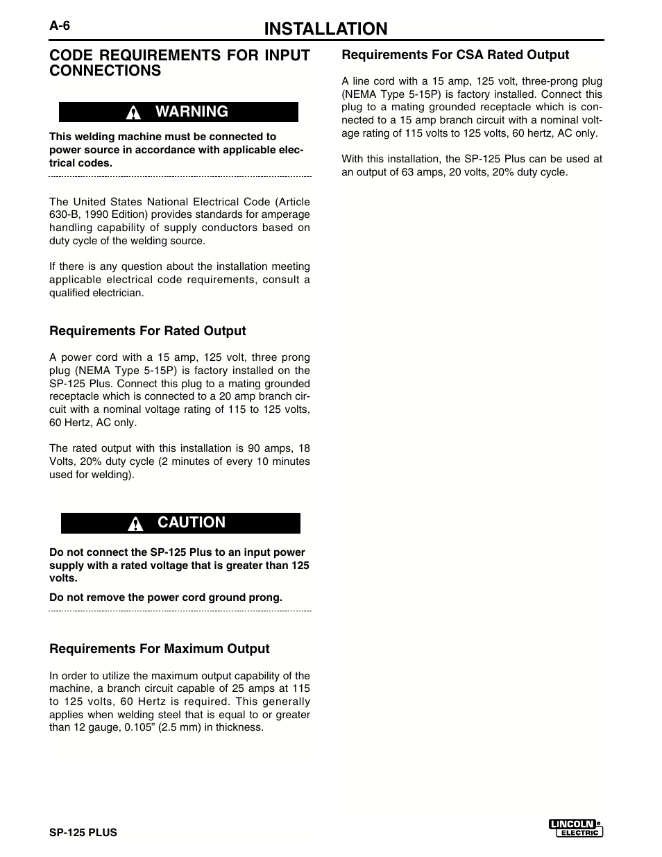 Installation, Code requirements for input connections, Warning caution | Lincoln Electric IM536 SP-125 Plus User Manual | Page 14 / 51