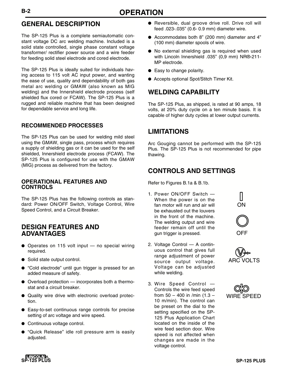 Operation, General description, Design features and advantages | Welding capability, Limitations, Controls and settings | Lincoln Electric IM536 SP-125 Plus User Manual | Page 16 / 51