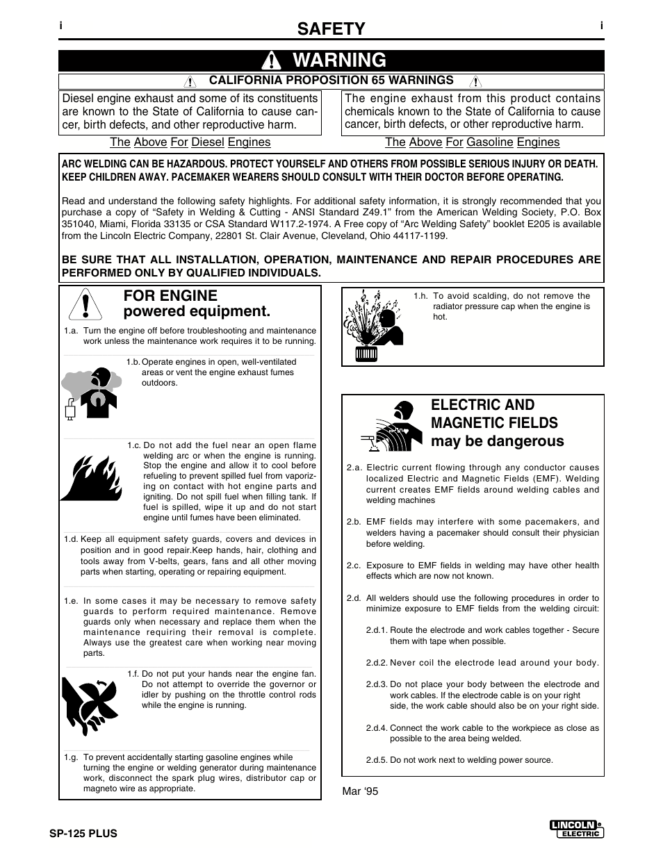 Warning, Safety, For engine powered equipment | Electric and magnetic fields may be dangerous | Lincoln Electric IM536 SP-125 Plus User Manual | Page 2 / 51