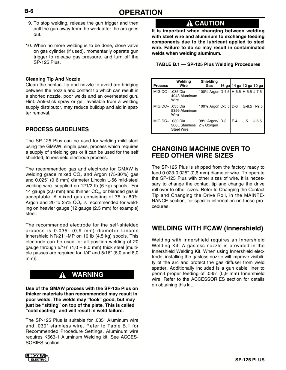 Operation, Changing machine over to feed other wire sizes, Welding with fcaw (innershield) | Warning, Caution, Process guidelines | Lincoln Electric IM536 SP-125 Plus User Manual | Page 20 / 51