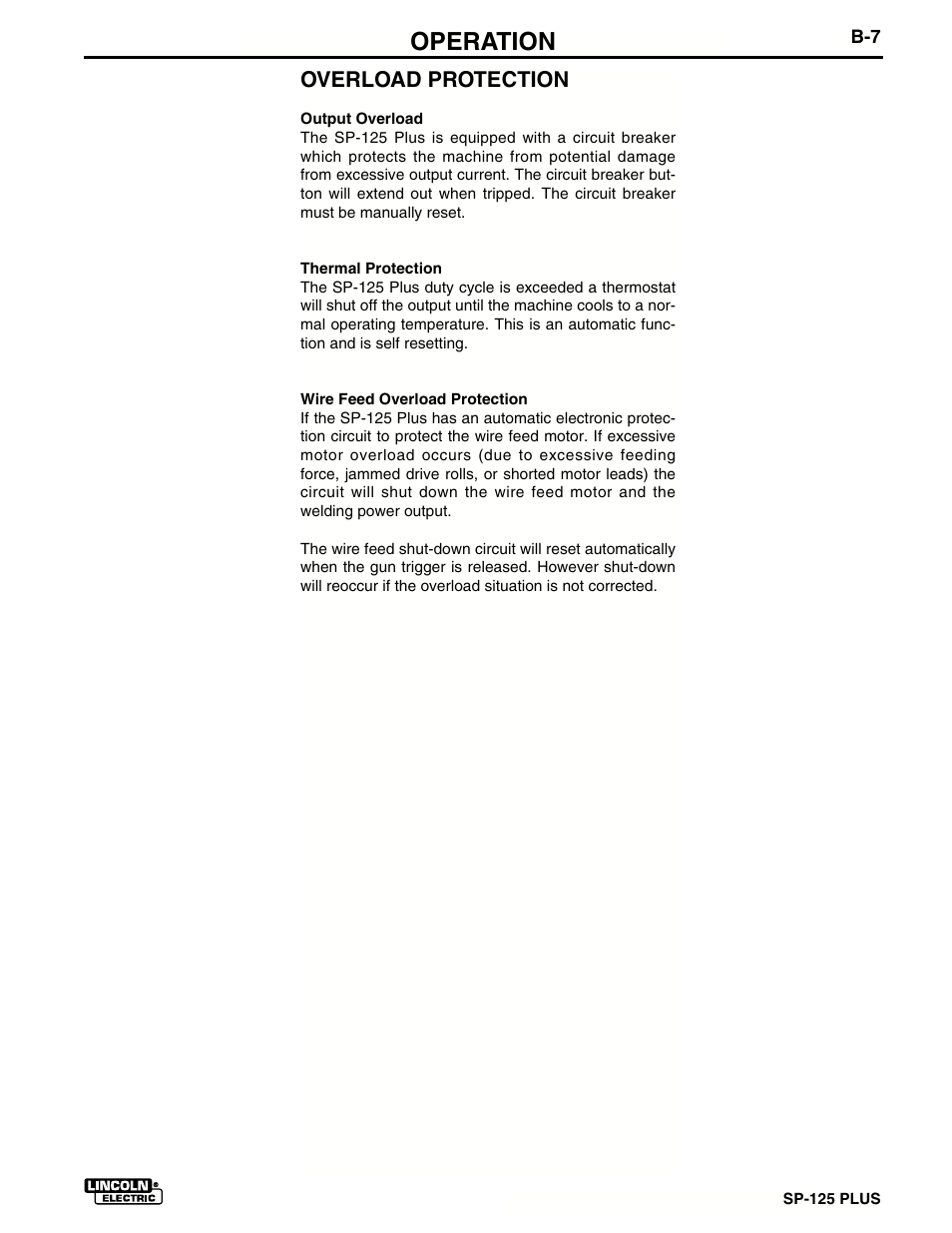 Operation, Overload protection | Lincoln Electric IM536 SP-125 Plus User Manual | Page 21 / 51