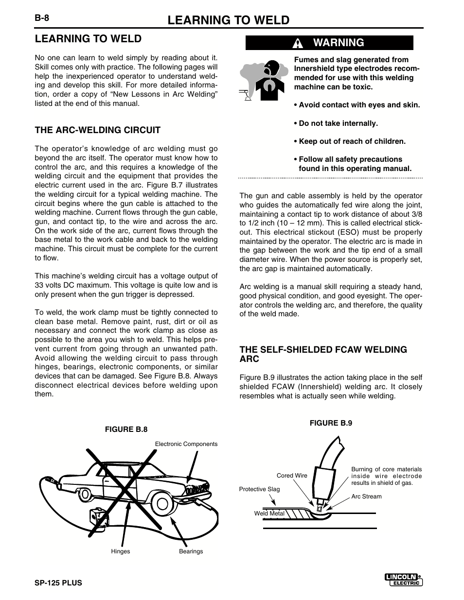 Learning to weld, Warning | Lincoln Electric IM536 SP-125 Plus User Manual | Page 22 / 51