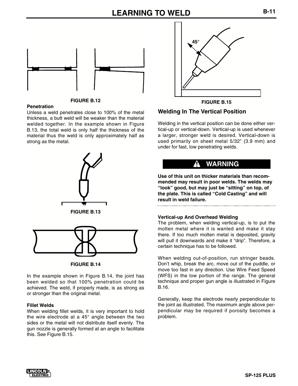 Learning to weld, Warning | Lincoln Electric IM536 SP-125 Plus User Manual | Page 25 / 51