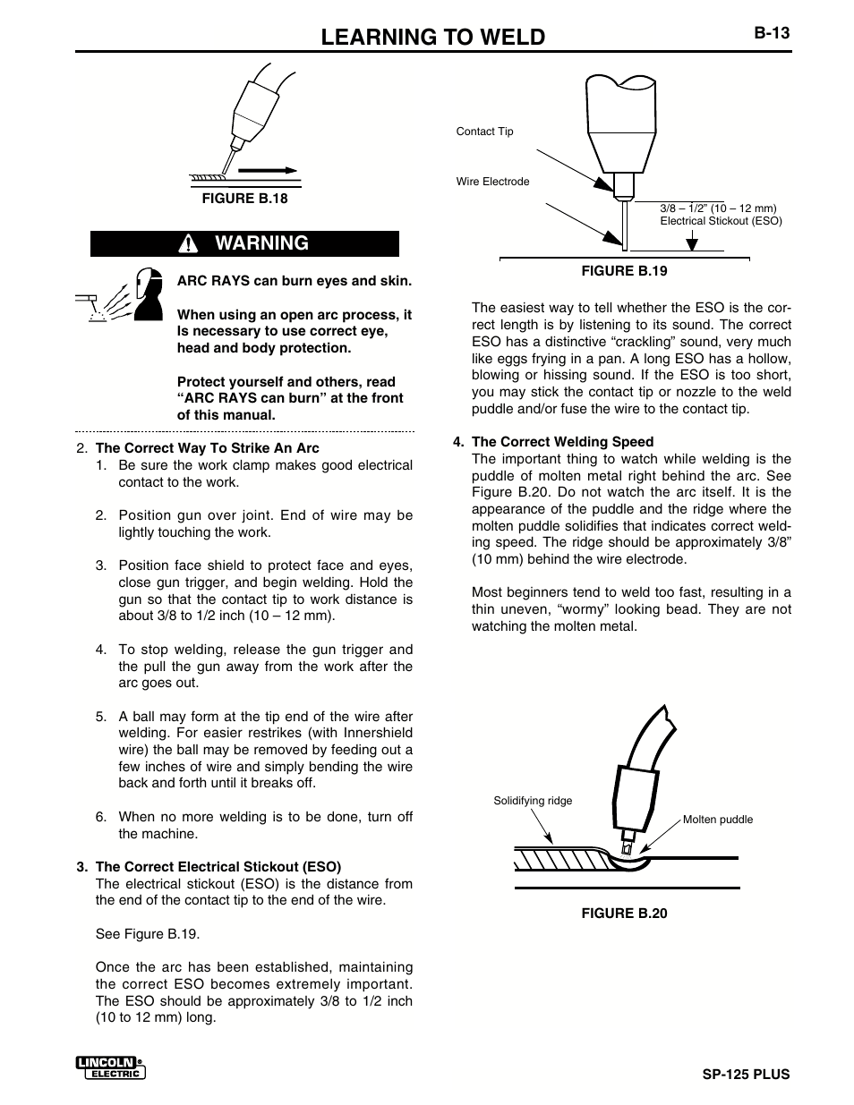 Learning to weld, Warning | Lincoln Electric IM536 SP-125 Plus User Manual | Page 27 / 51