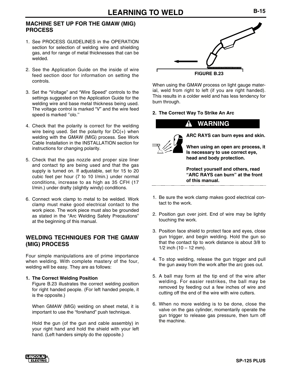 Learning to weld, Warning | Lincoln Electric IM536 SP-125 Plus User Manual | Page 29 / 51