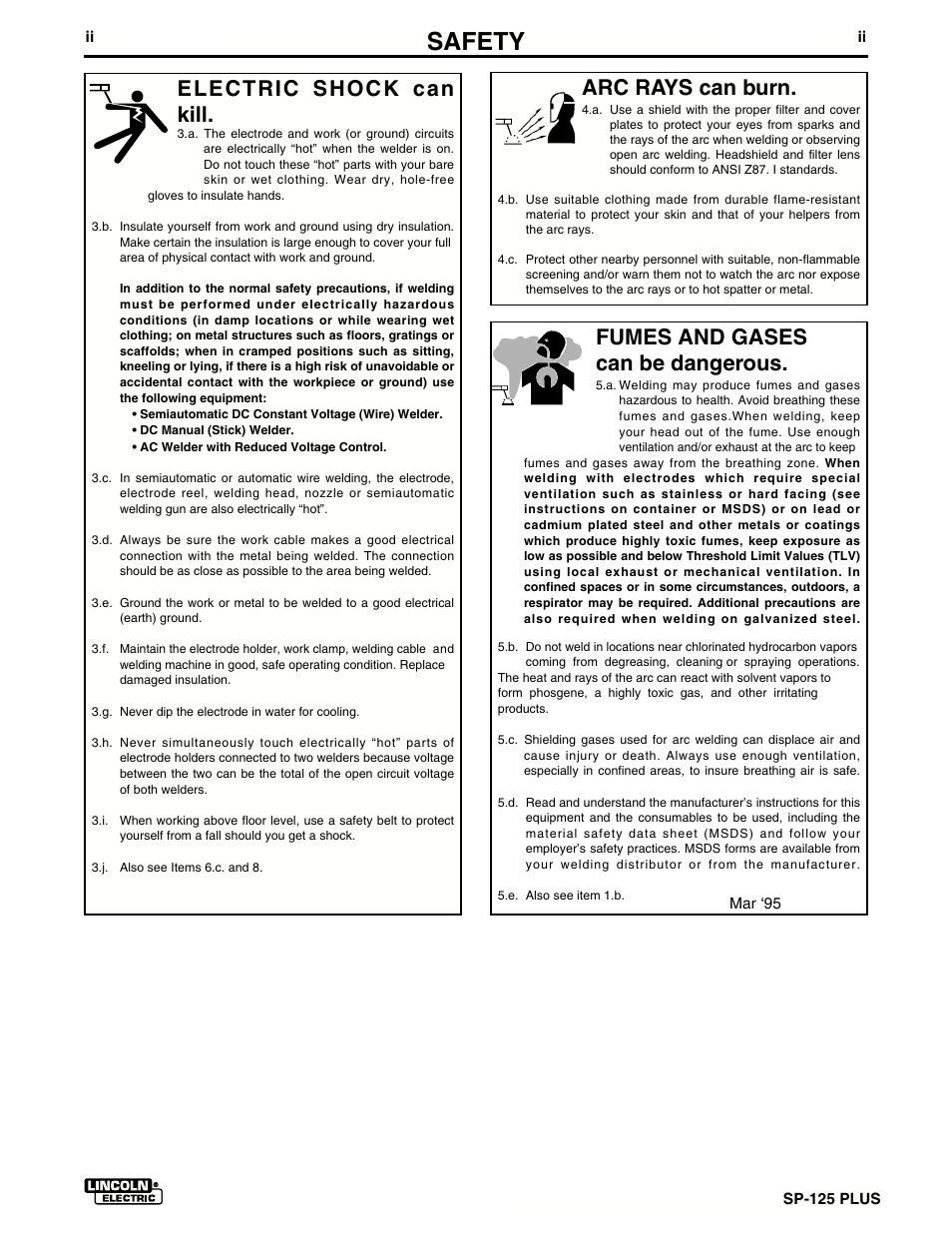 Safety, Arc rays can burn, Electric shock can kill | Fumes and gases can be dangerous | Lincoln Electric IM536 SP-125 Plus User Manual | Page 3 / 51