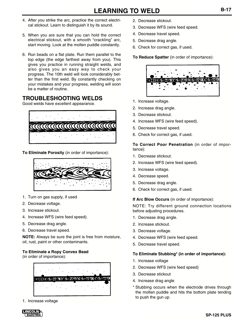 Learning to weld, Troubleshooting welds | Lincoln Electric IM536 SP-125 Plus User Manual | Page 31 / 51