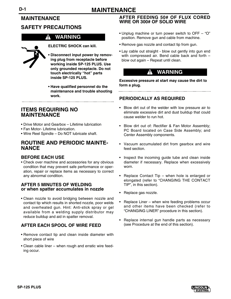 Maintenance, Maintenance safety precautions, Items requiring no maintenance | Routine and periodic mainte- nance, Warning | Lincoln Electric IM536 SP-125 Plus User Manual | Page 36 / 51