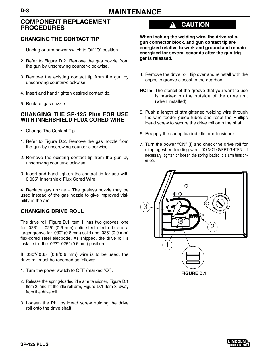 Maintenance, Component replacement procedures, Caution | Lincoln Electric IM536 SP-125 Plus User Manual | Page 38 / 51