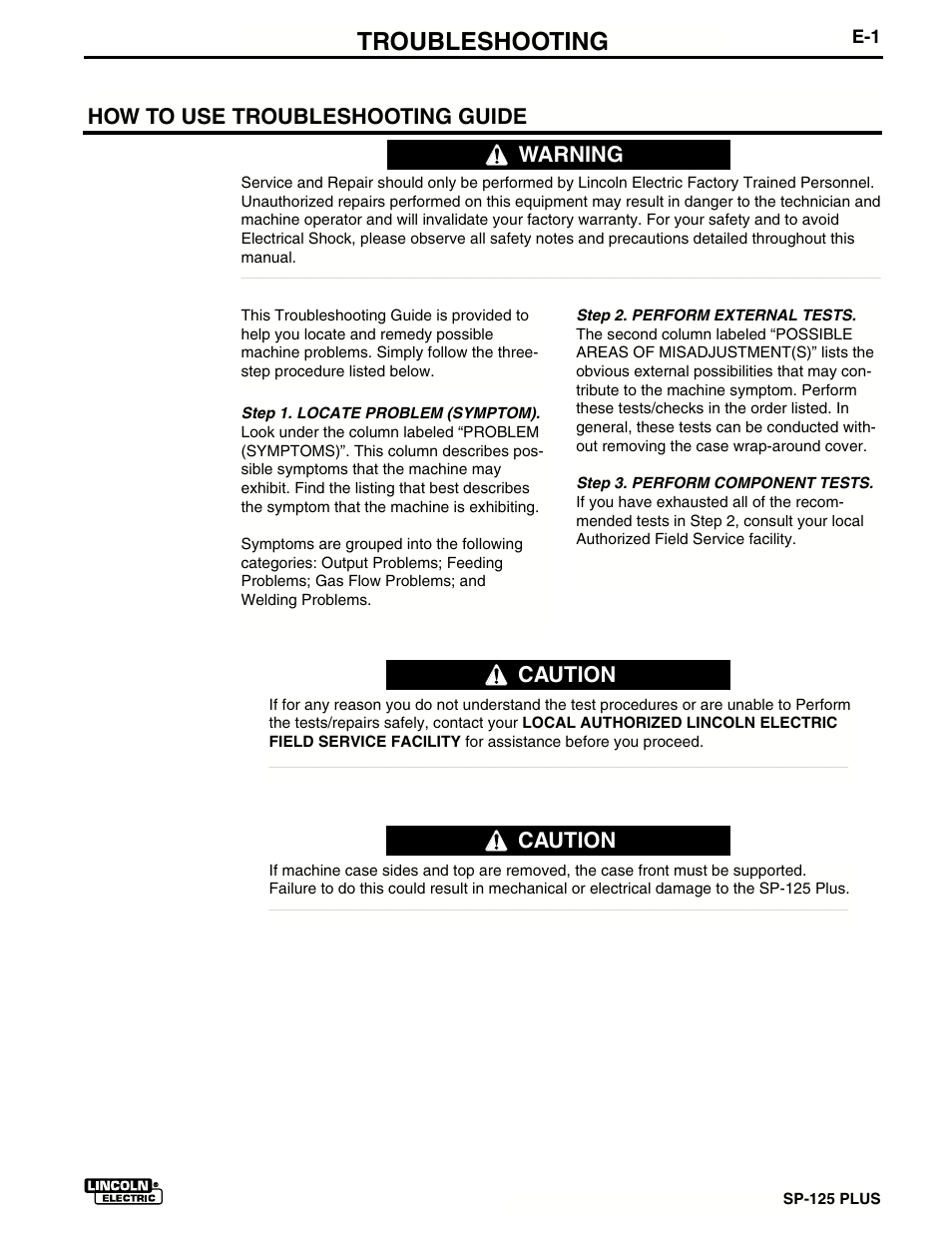 Troubleshooting, How to use troubleshooting guide, Warning | Caution | Lincoln Electric IM536 SP-125 Plus User Manual | Page 41 / 51