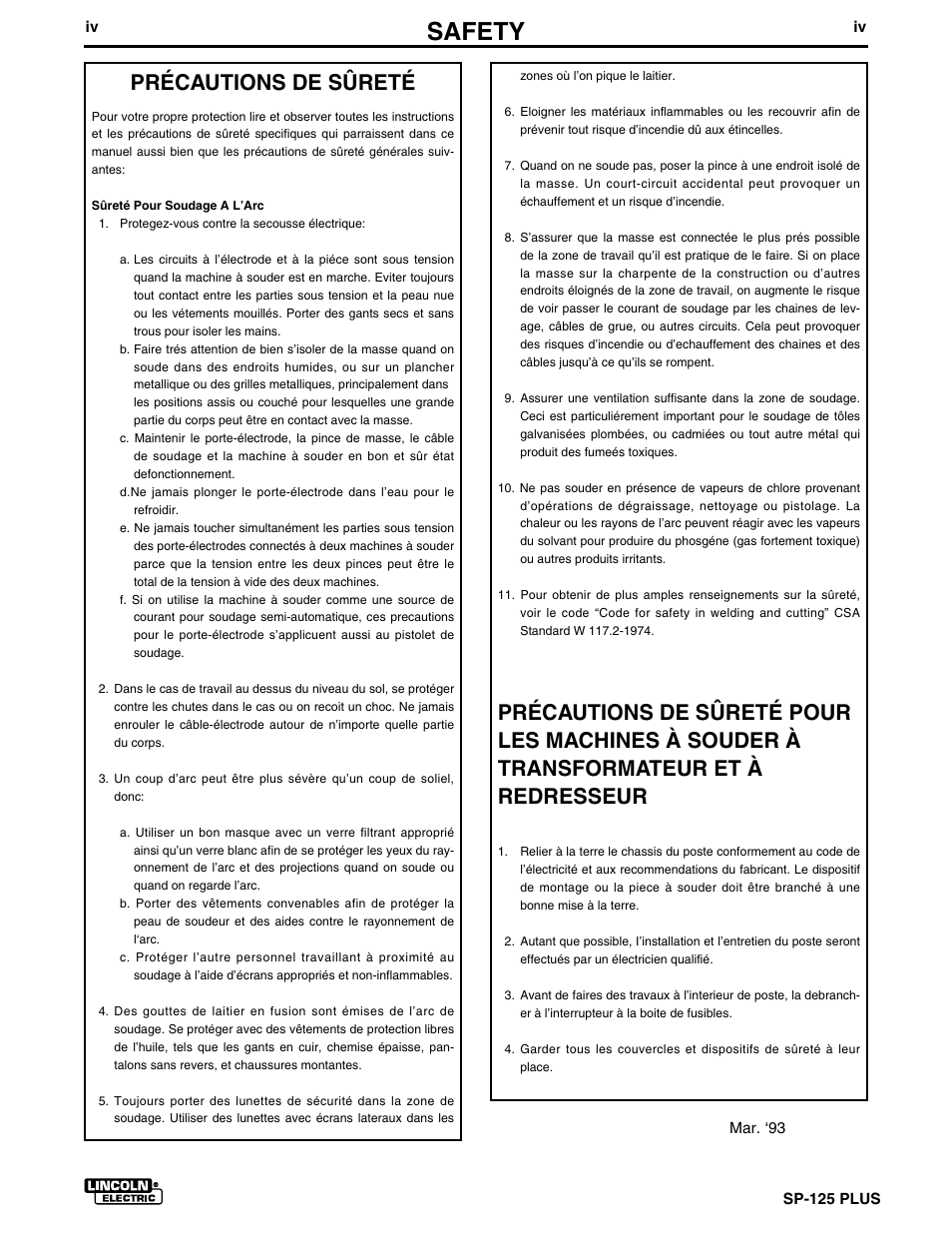 Safety, Précautions de sûreté | Lincoln Electric IM536 SP-125 Plus User Manual | Page 5 / 51