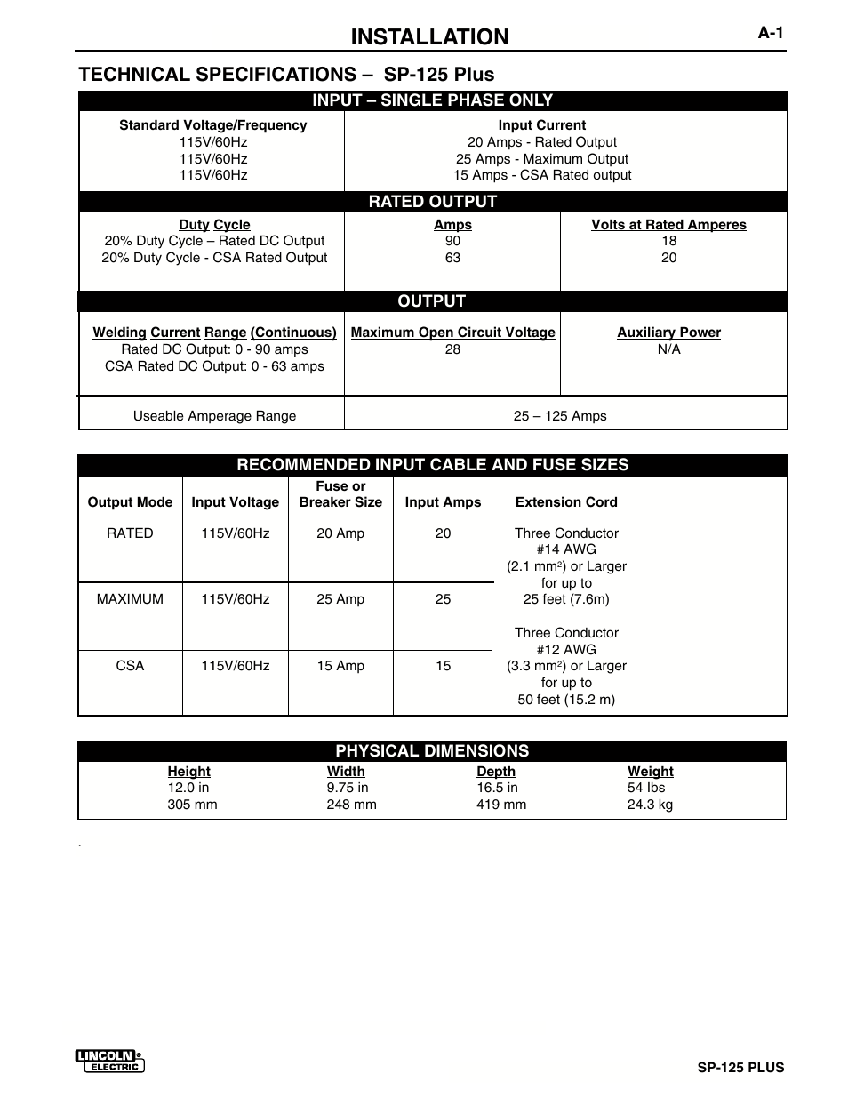 Installation, Technical specifications – sp-125 plus | Lincoln Electric IM536 SP-125 Plus User Manual | Page 9 / 51