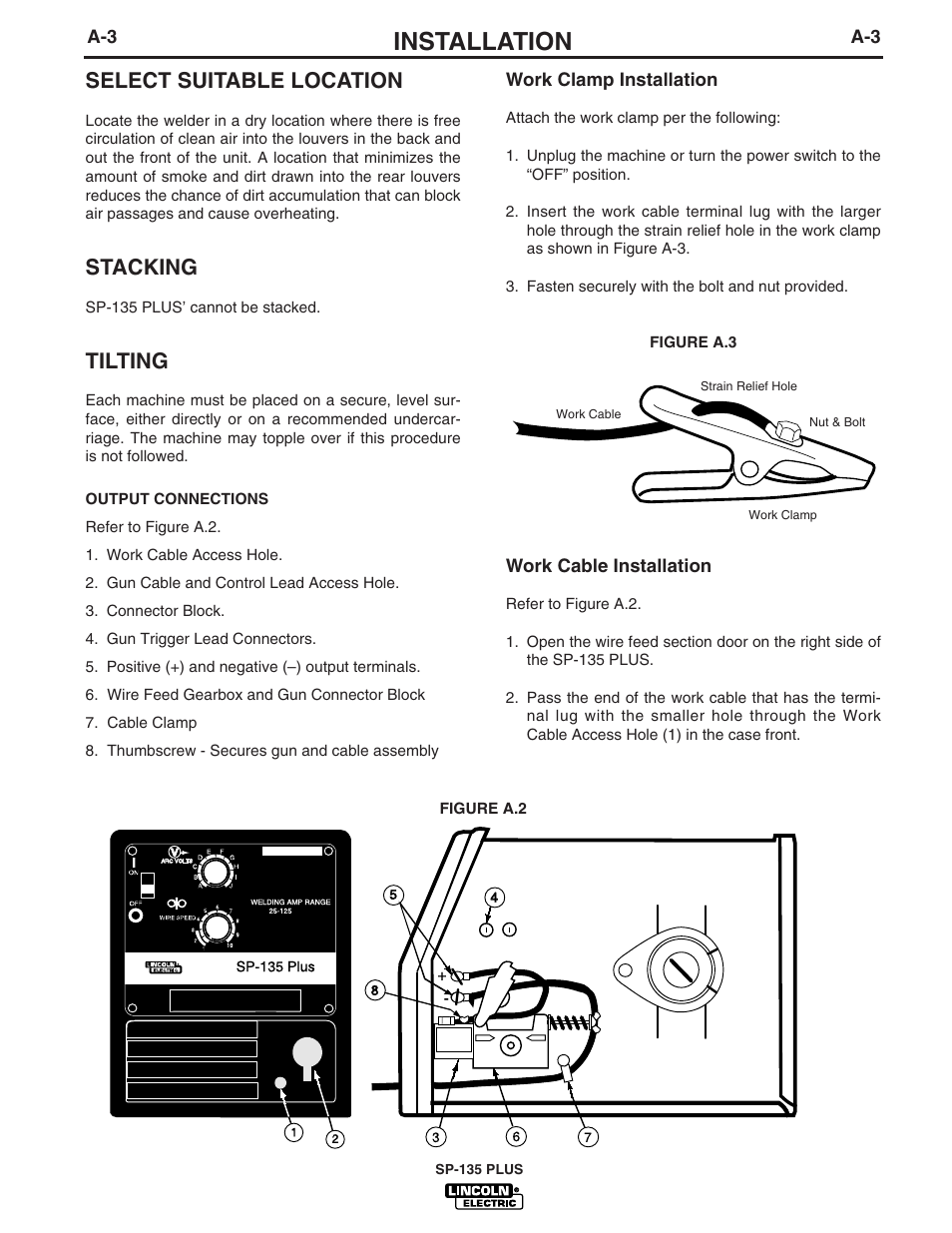 Installation, Select suitable location, Stacking | Tilting | Lincoln Electric IM788 SP-135 Plus User Manual | Page 10 / 35