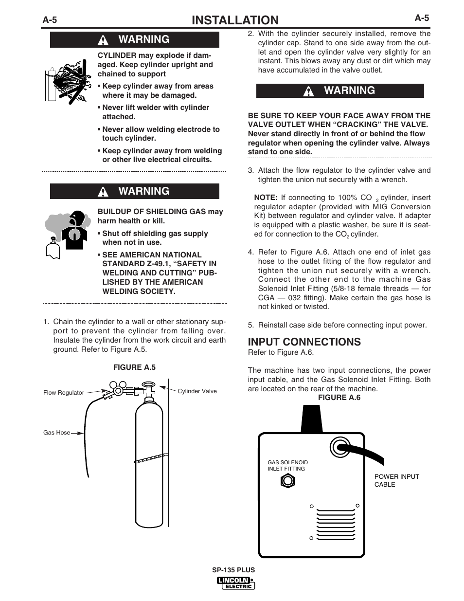 Installation, Input connections, Warning | Lincoln Electric IM788 SP-135 Plus User Manual | Page 12 / 35