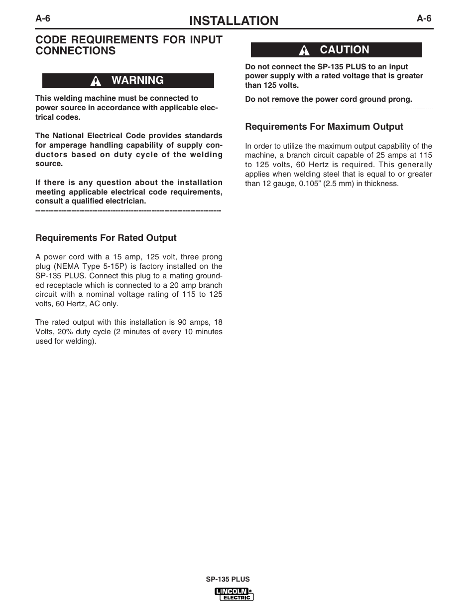 Installation, Code requirements for input connections, Warning caution | Lincoln Electric IM788 SP-135 Plus User Manual | Page 13 / 35