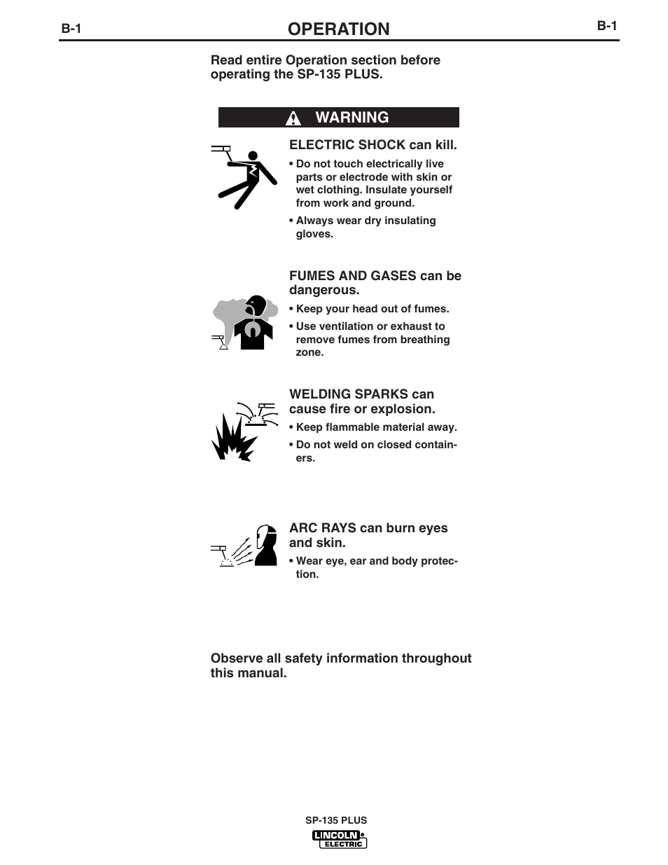 Operation, Warning | Lincoln Electric IM788 SP-135 Plus User Manual | Page 14 / 35