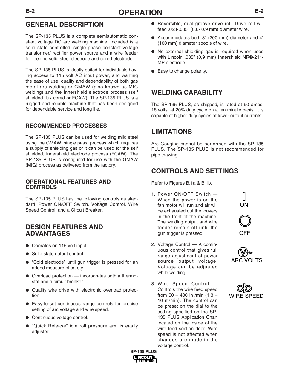 Operation, General description, Design features and advantages | Welding capability, Limitations, Controls and settings | Lincoln Electric IM788 SP-135 Plus User Manual | Page 15 / 35