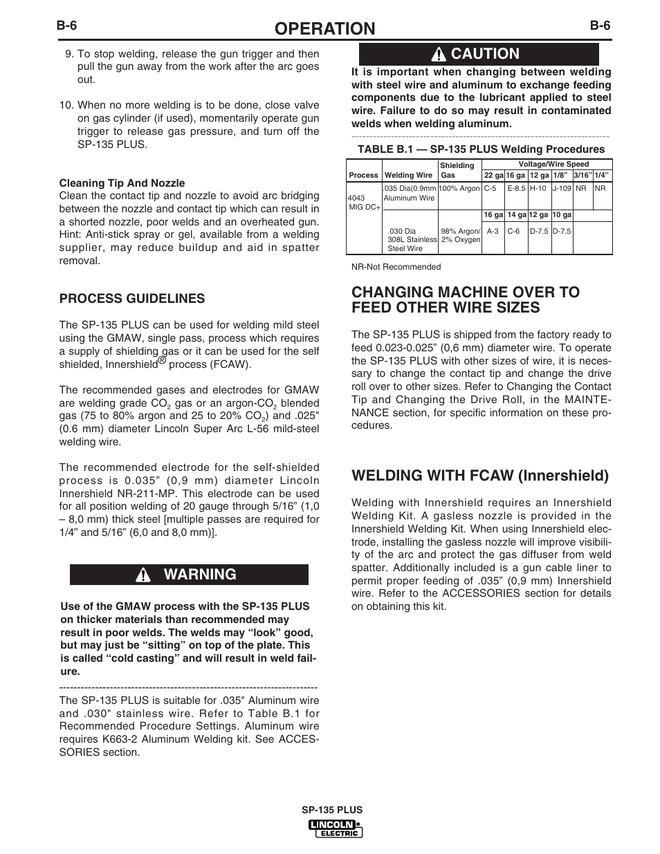 Operation, Changing machine over to feed other wire sizes, Welding with fcaw (innershield) | Warning, Caution, Process guidelines | Lincoln Electric IM788 SP-135 Plus User Manual | Page 19 / 35