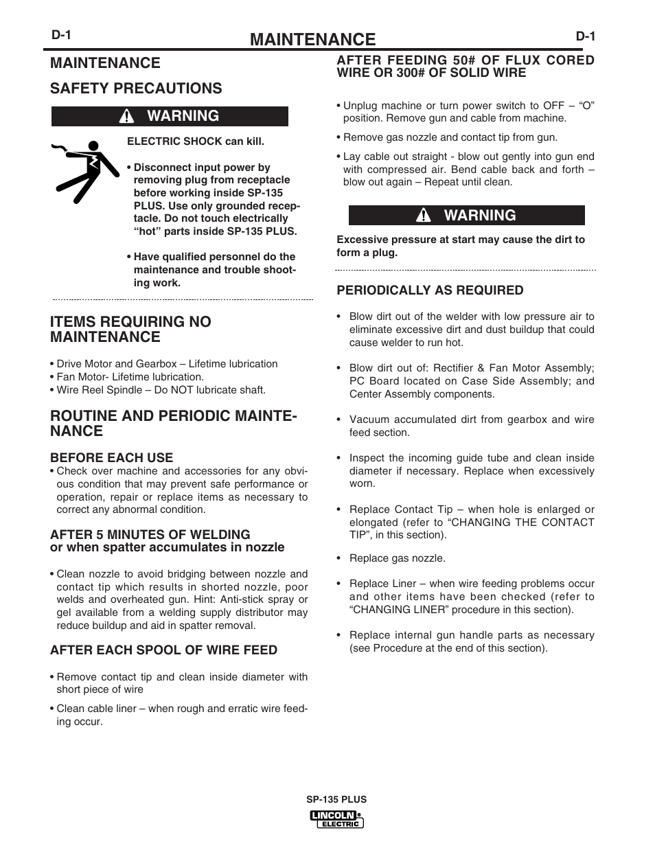 Maintenance, Maintenance safety precautions, Items requiring no maintenance | Routine and periodic mainte- nance, Warning | Lincoln Electric IM788 SP-135 Plus User Manual | Page 24 / 35