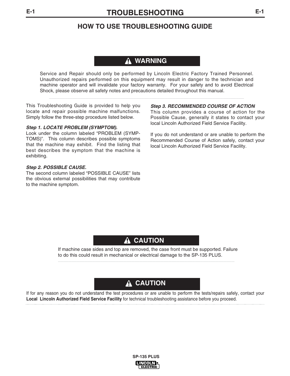 Troubleshooting, Caution, How to use troubleshooting guide | Warning | Lincoln Electric IM788 SP-135 Plus User Manual | Page 28 / 35