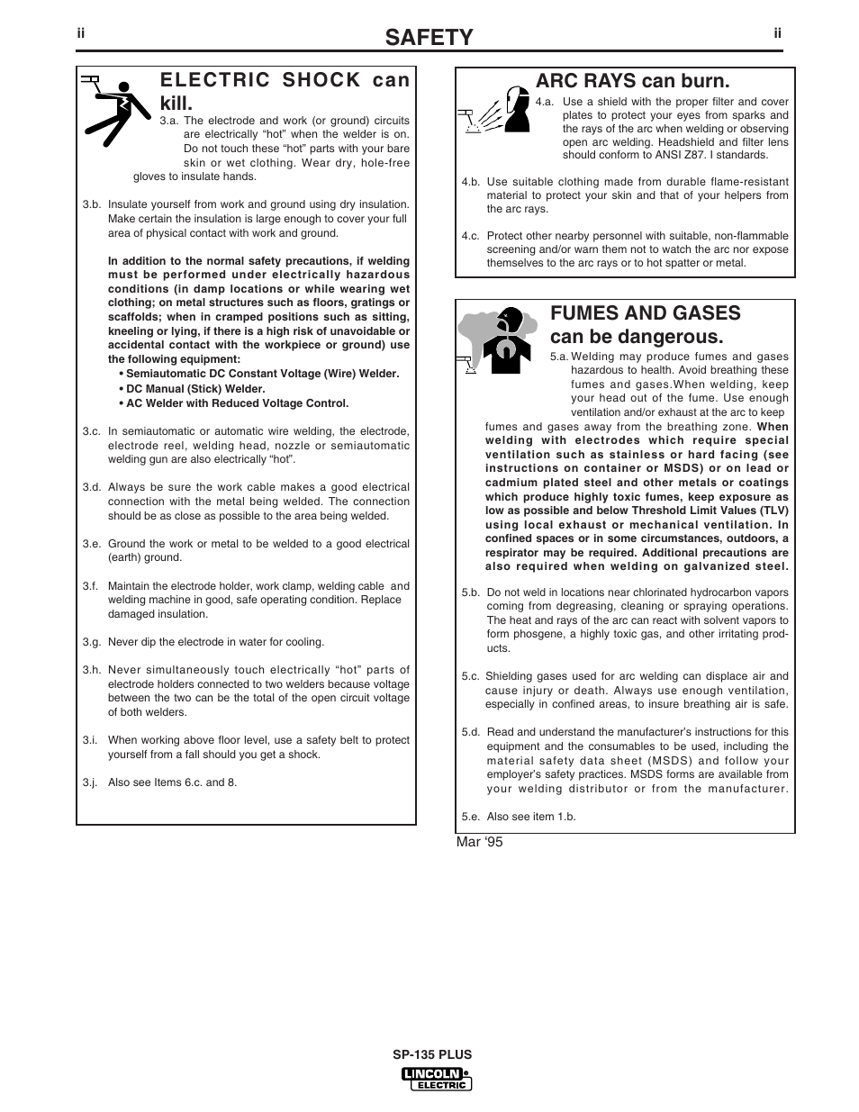 Safety, Arc rays can burn, Electric shock can kill | Fumes and gases can be dangerous | Lincoln Electric IM788 SP-135 Plus User Manual | Page 3 / 35