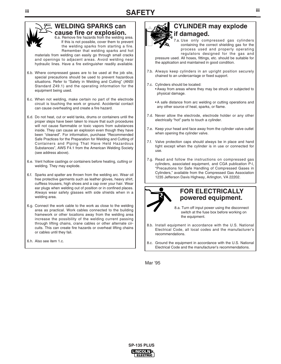 Safety, For electrically powered equipment, Cylinder may explode if damaged | Welding sparks can cause fire or explosion | Lincoln Electric IM788 SP-135 Plus User Manual | Page 4 / 35