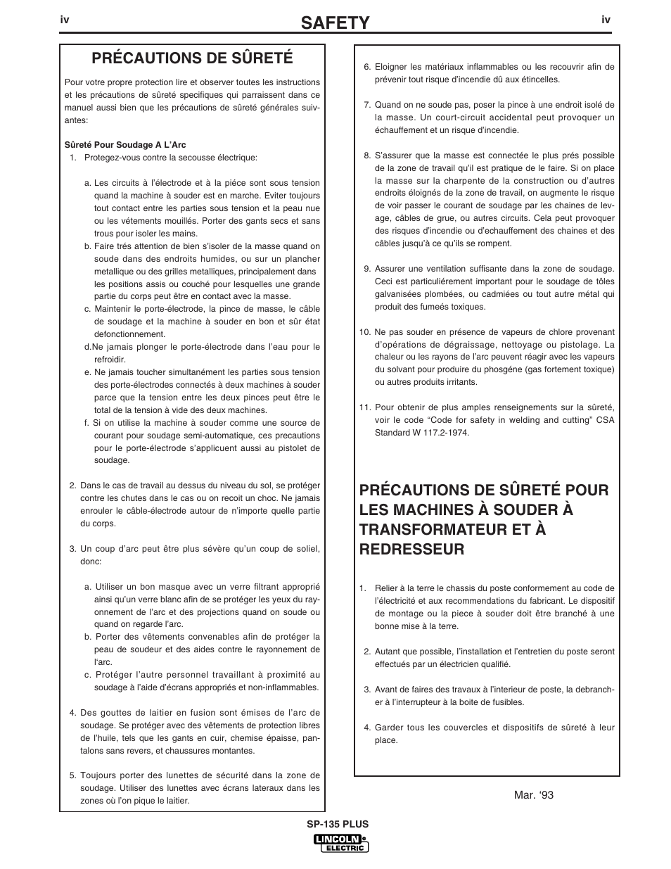 Safety, Précautions de sûreté | Lincoln Electric IM788 SP-135 Plus User Manual | Page 5 / 35