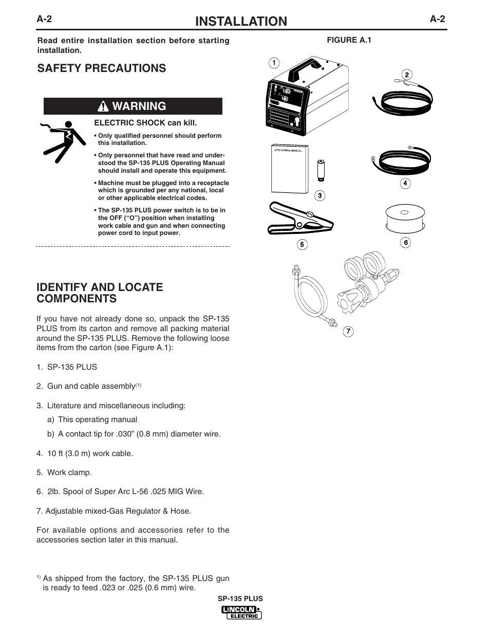 Installation, Safety precautions identify and locate components, Warning | Lincoln Electric IM788 SP-135 Plus User Manual | Page 9 / 35