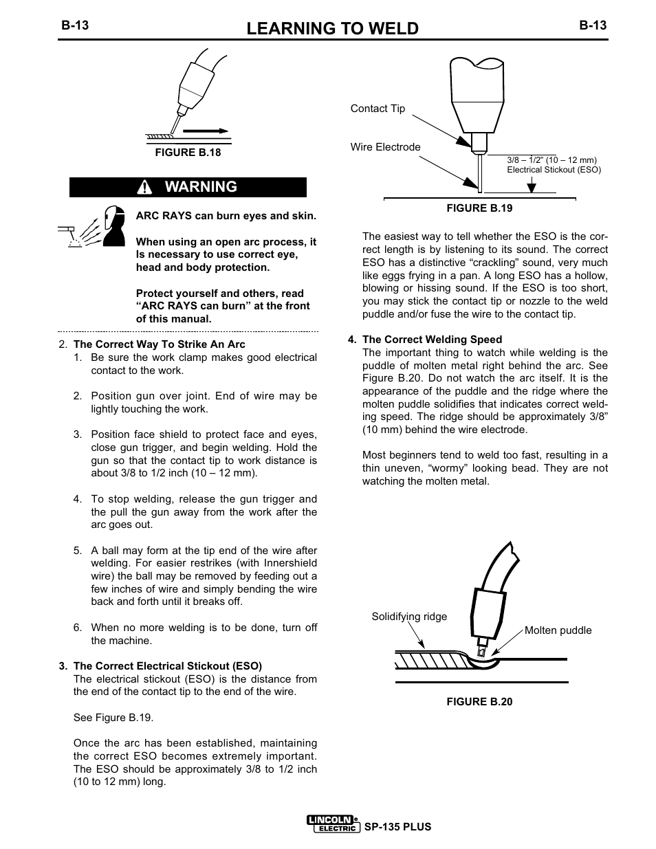 Learning to weld, Warning | Lincoln Electric IM725 SP-135 Plus User Manual | Page 26 / 48