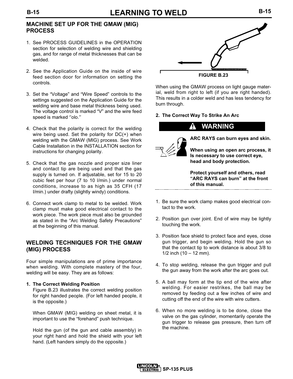 Learning to weld, Warning | Lincoln Electric IM725 SP-135 Plus User Manual | Page 28 / 48