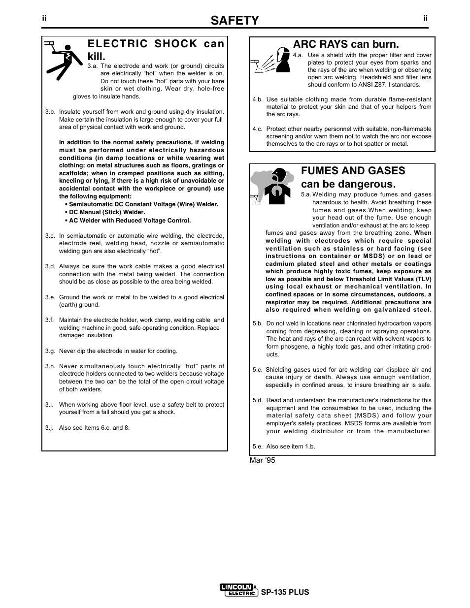 Safety, Arc rays can burn, Electric shock can kill | Fumes and gases can be dangerous | Lincoln Electric IM725 SP-135 Plus User Manual | Page 3 / 48