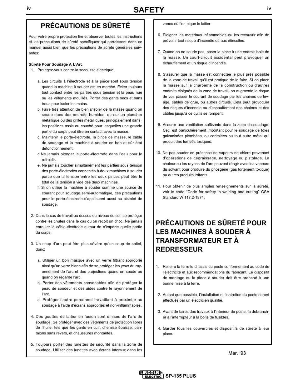 Safety, Précautions de sûreté | Lincoln Electric IM725 SP-135 Plus User Manual | Page 5 / 48