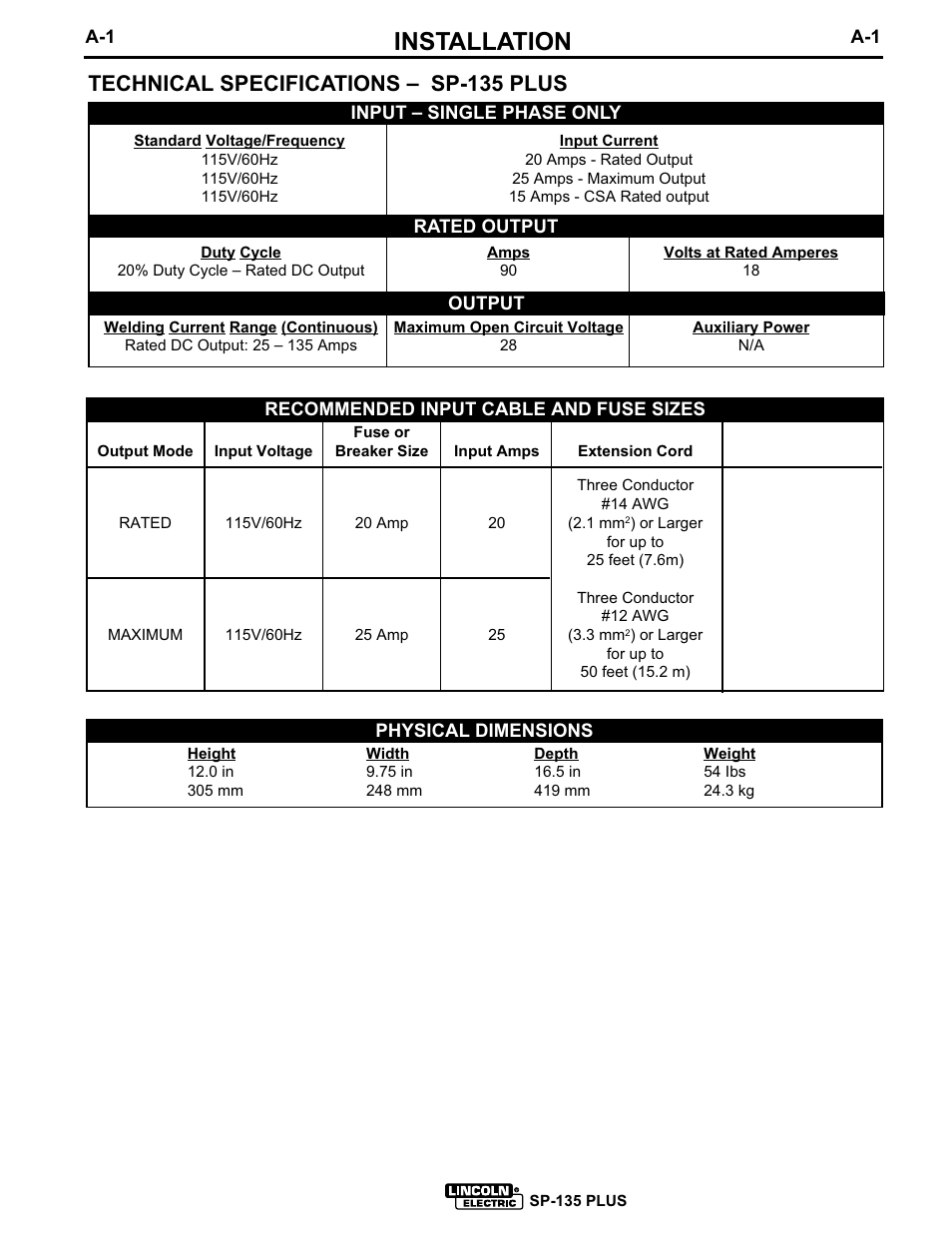 Installation, Technical specifications – sp-135 plus | Lincoln Electric IM725 SP-135 Plus User Manual | Page 8 / 48