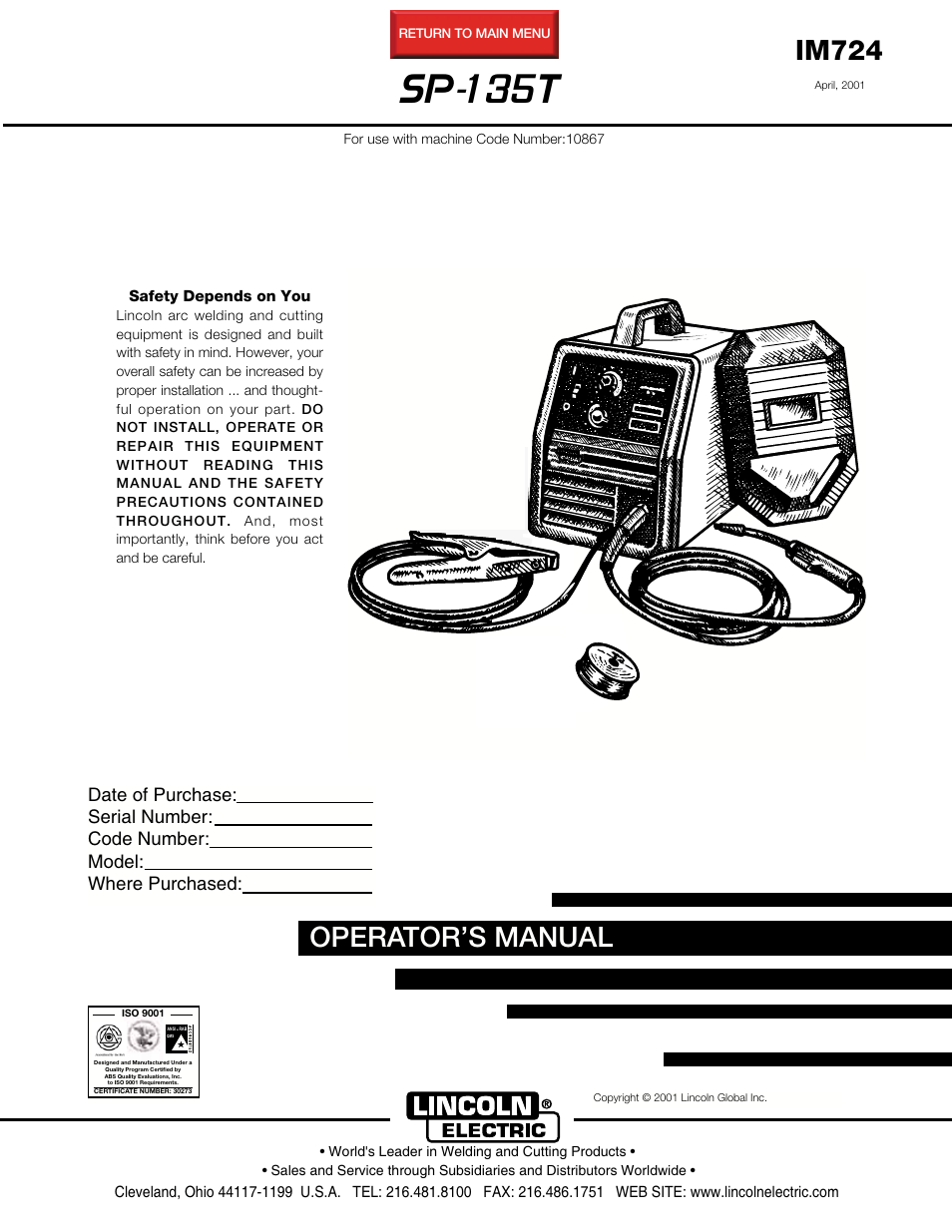 Lincoln Electric IM724 SP-135T User Manual | 45 pages