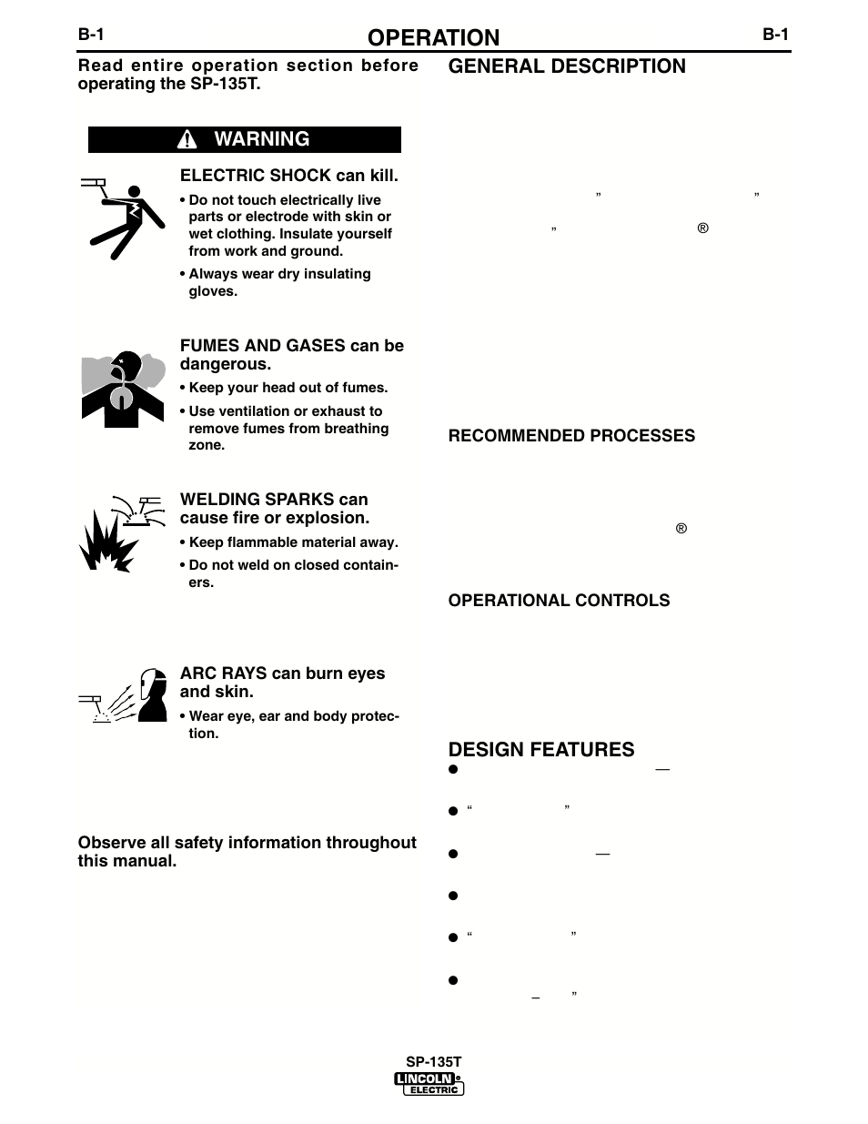 Operation, Warning general description, Design features | Lincoln Electric IM724 SP-135T User Manual | Page 14 / 45