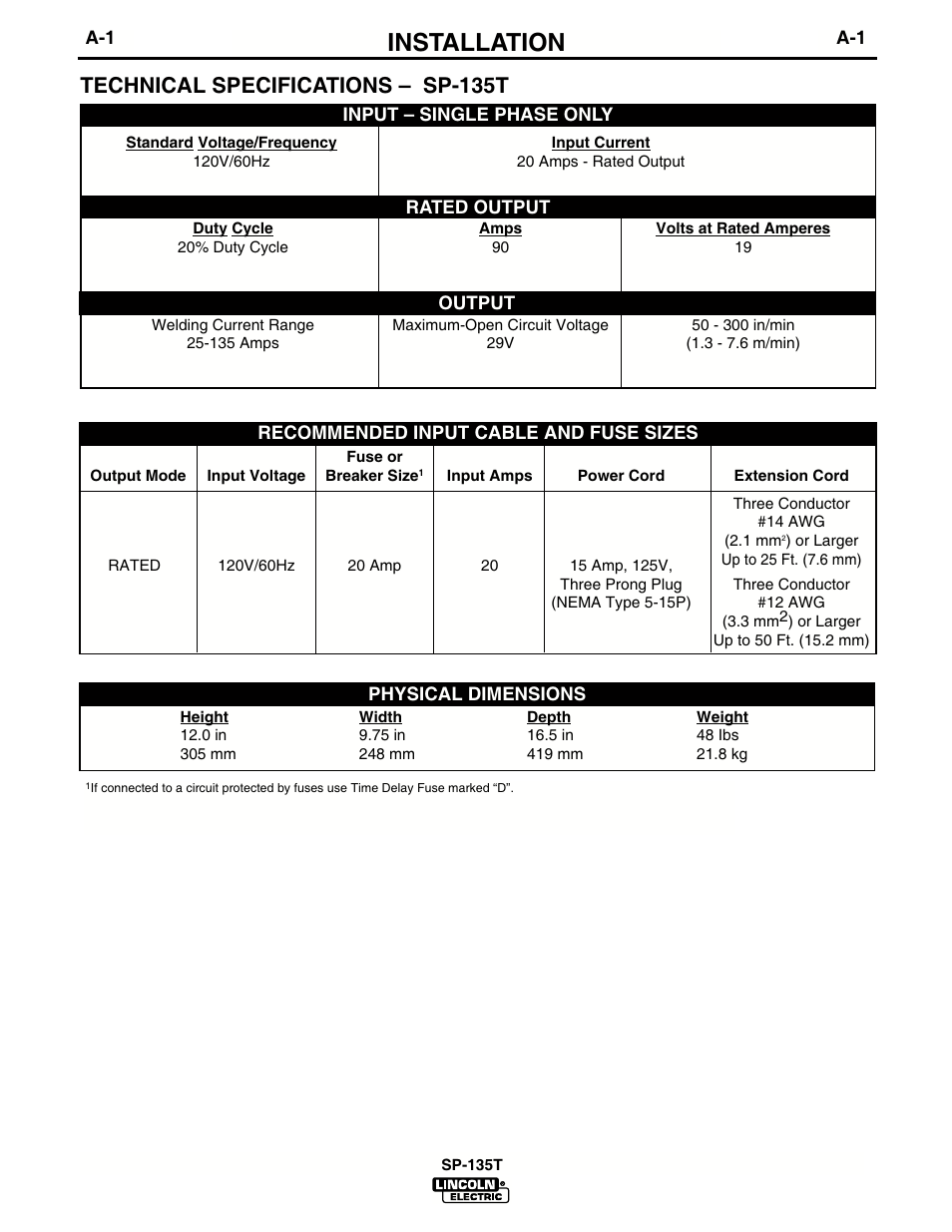 Installation, Technical specifications – sp-135t | Lincoln Electric IM724 SP-135T User Manual | Page 8 / 45