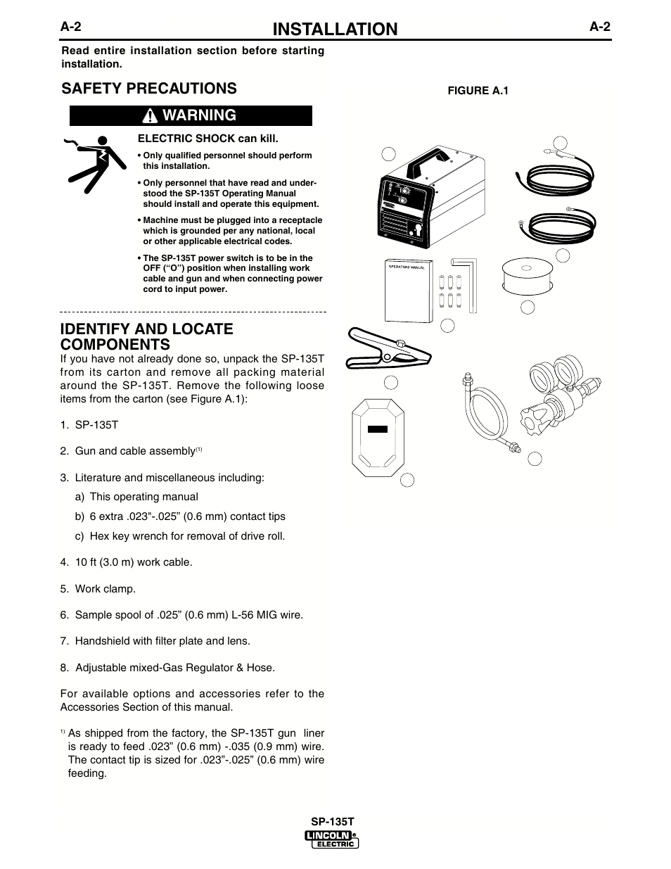 Installation, Safety precautions identify and locate components, Warning | Lincoln Electric IM724 SP-135T User Manual | Page 9 / 45