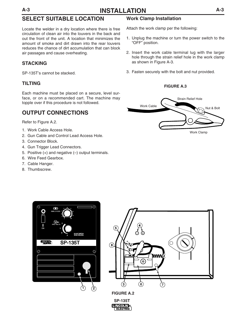 Installation, Select suitable location, Output connections | Sp-135t | Lincoln Electric IM785 SP-135T User Manual | Page 10 / 36