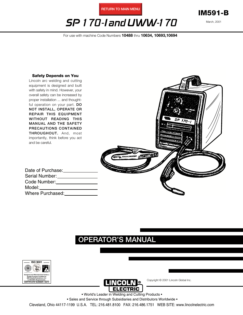 Lincoln Electric IM591 UWW-170 User Manual | 48 pages