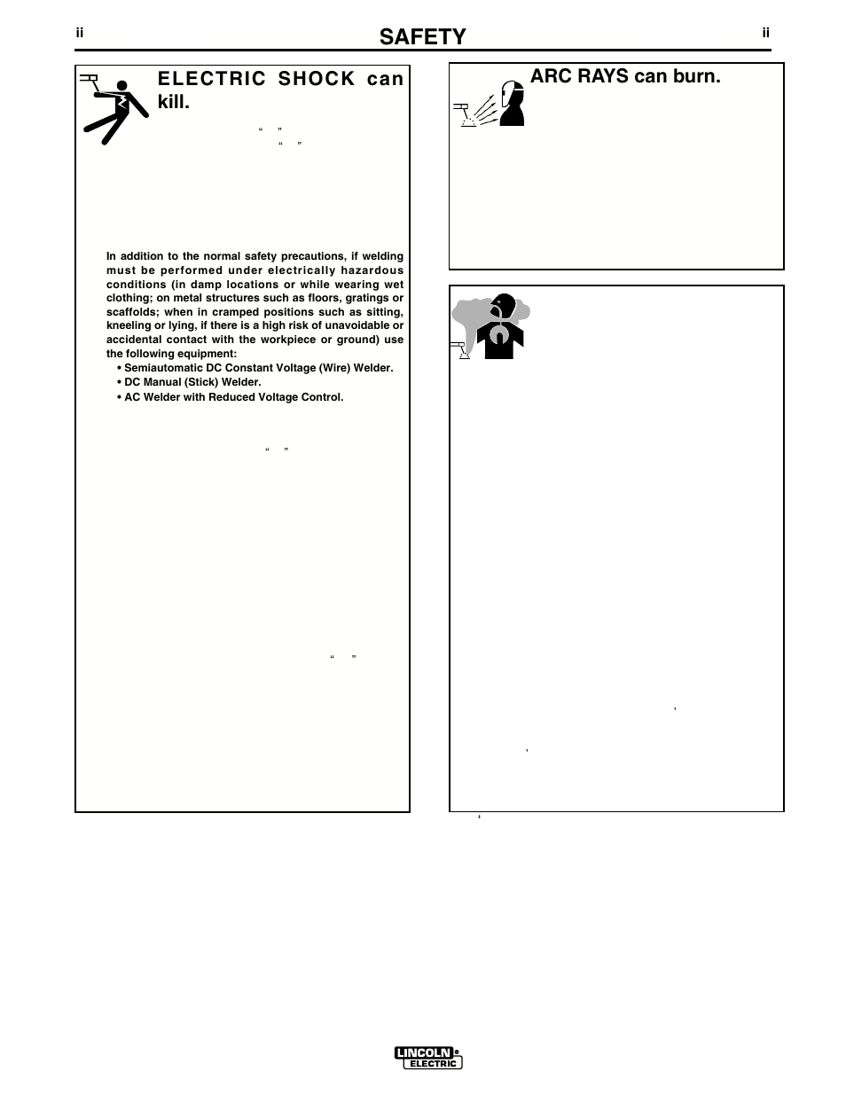 Safety, Arc rays can burn, Electric shock can kill | Fumes and gases can be dangerous | Lincoln Electric IM591 UWW-170 User Manual | Page 3 / 48